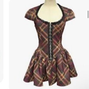 Dolls Kill Widow Plaid Coquette Dress with Black Trim Fall Vibes NWT XS